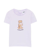 T-shirt per neonata Moschino Kids viola con stampa Teddy con mazzo di fiori - Rubino Kids