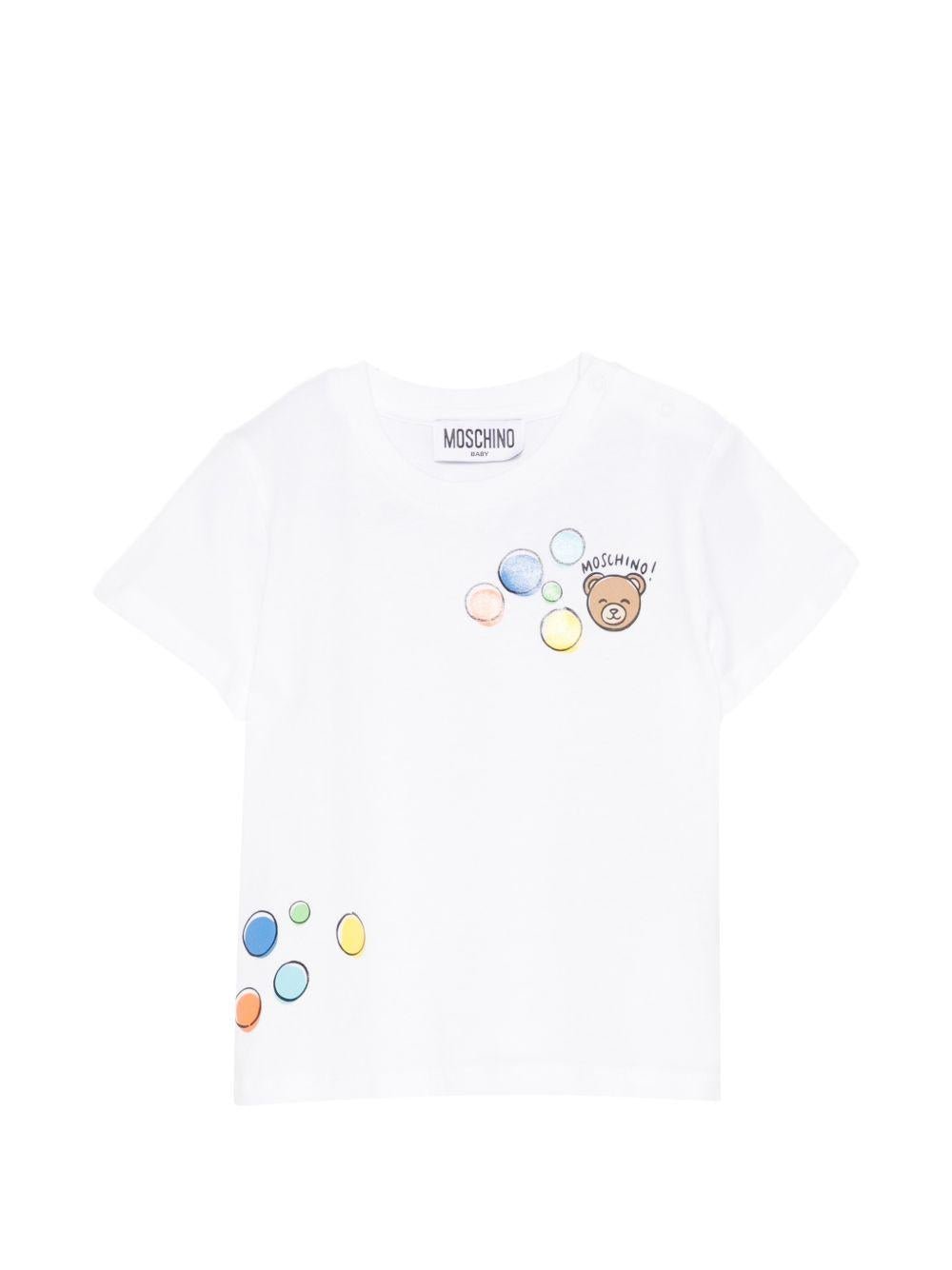 T-shirt per neonati Moschino Kids bianca con stampa orsetto e palloncini - Rubino Kids