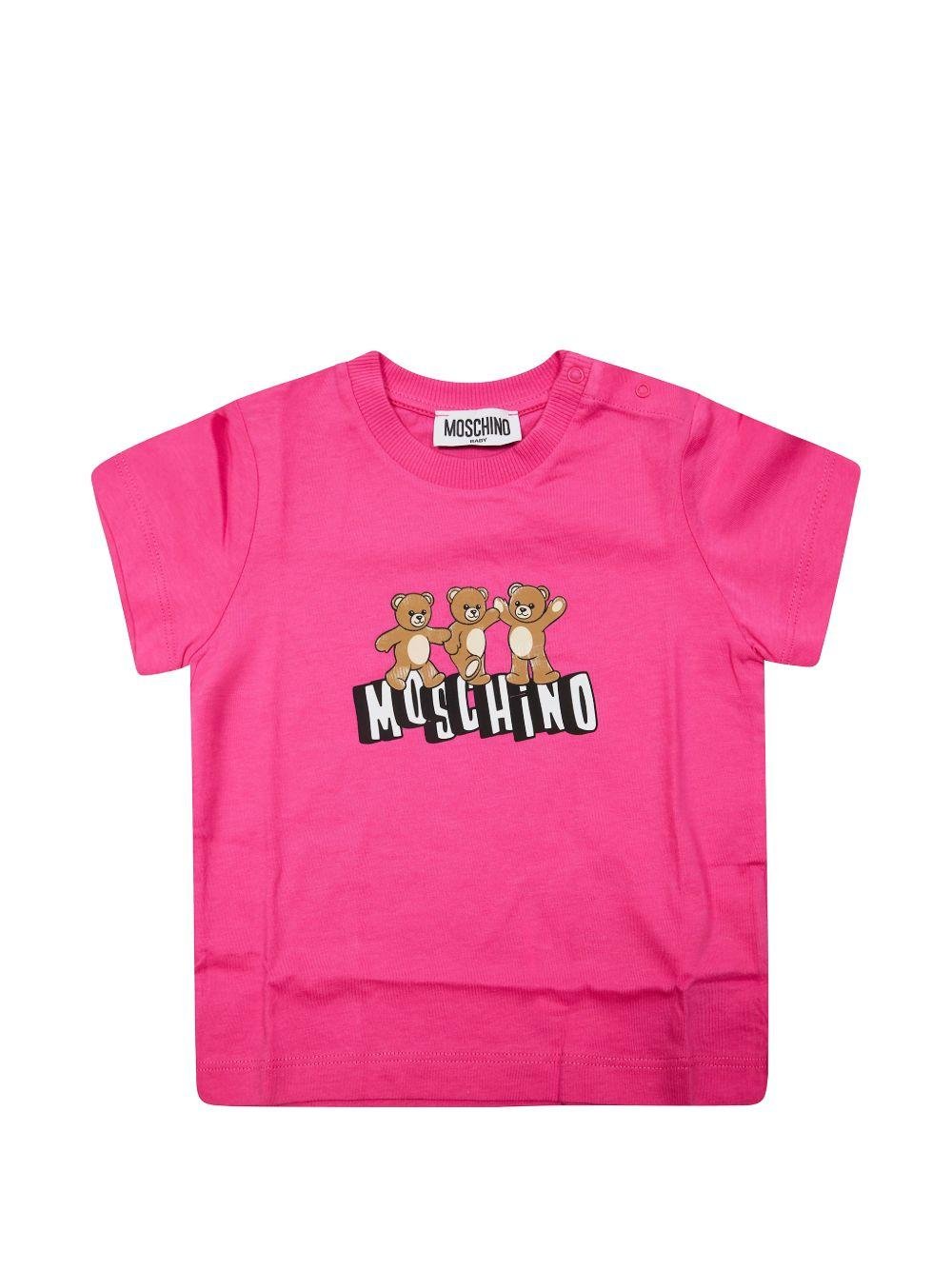 T-shirt per neonati Moschino Kids fucsia con stampa tre Teddy Bear sul davanti - Rubino Kids
