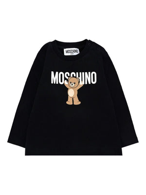 Moschino Kids black long-sleeved teddy print baby T-shirt