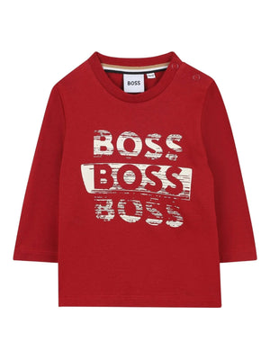 T-shirt per neonato BOSS Kidswear rosso con stampa grafica e maniche lunghe