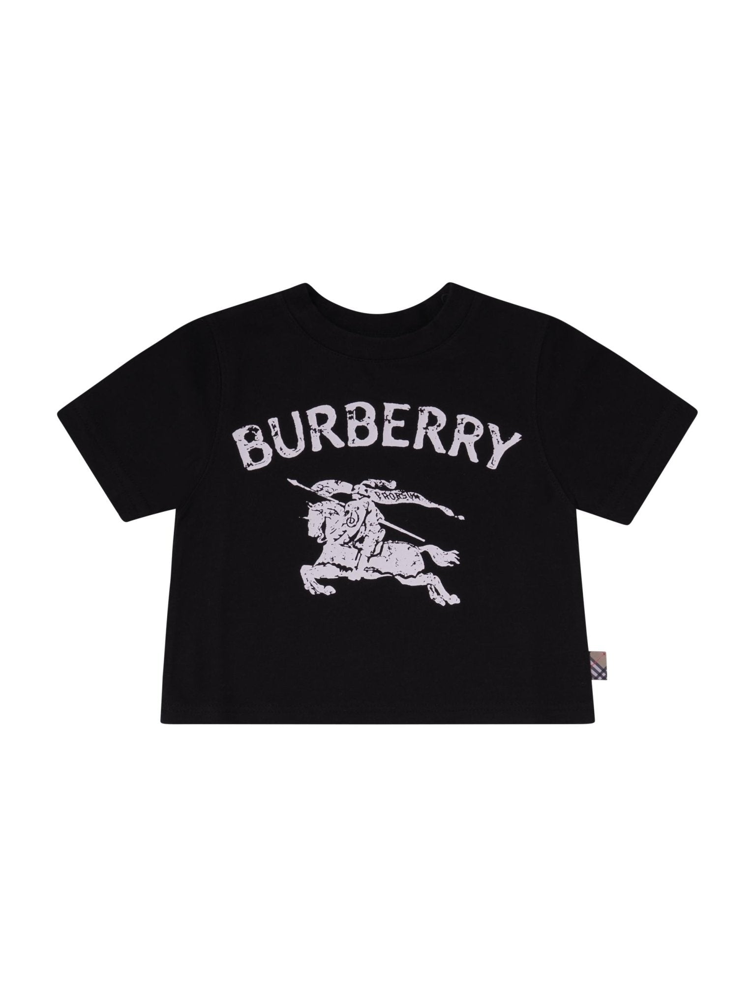 T-shirt per neonato Burberry Kids Equestrian Knight Design nero con stampa logo - Rubino Kids