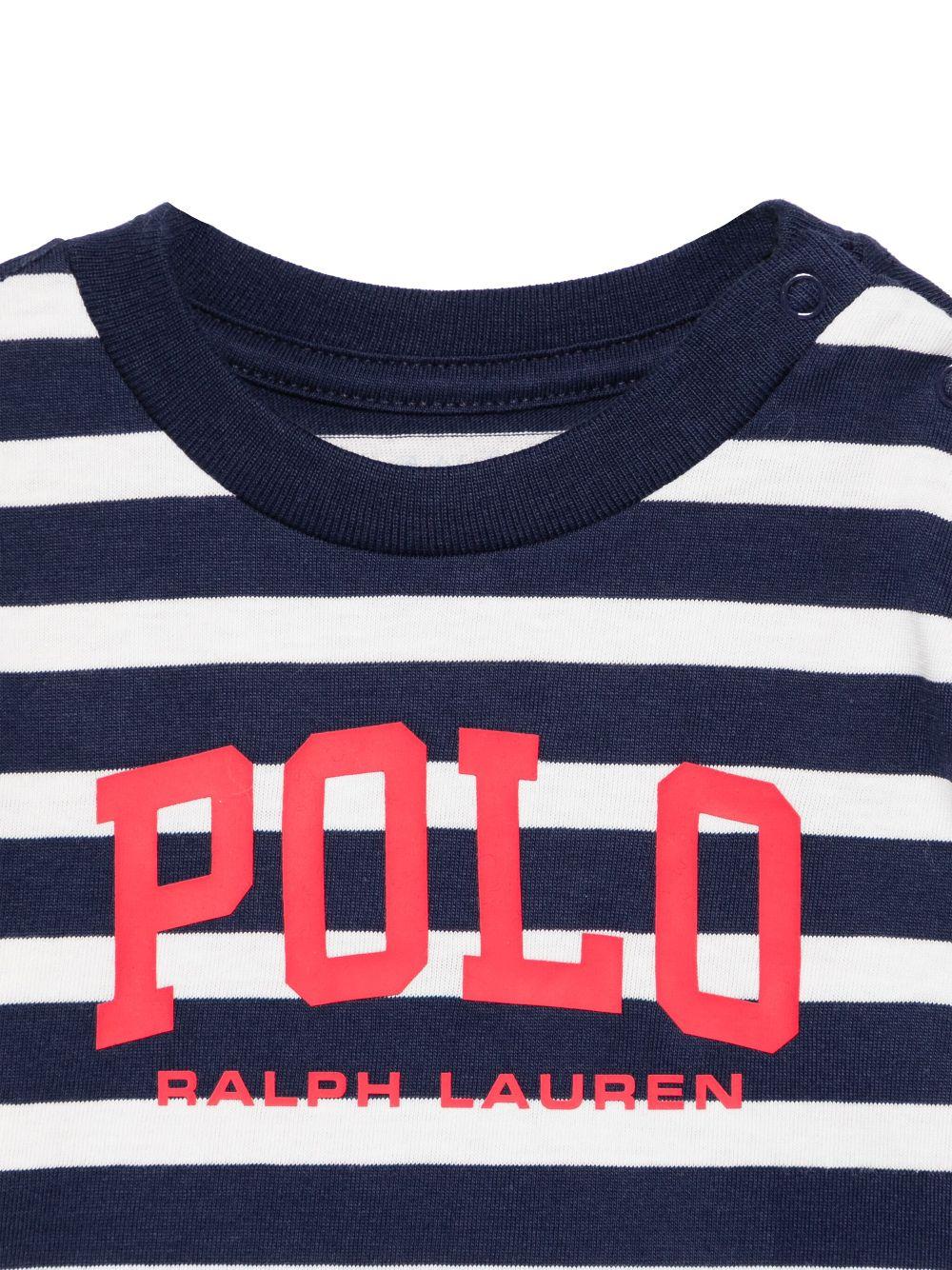 T-shirt per neonato Polo Ralph Lauren Kids blu a righe con stampa logo sul davanti - Rubino Kids
