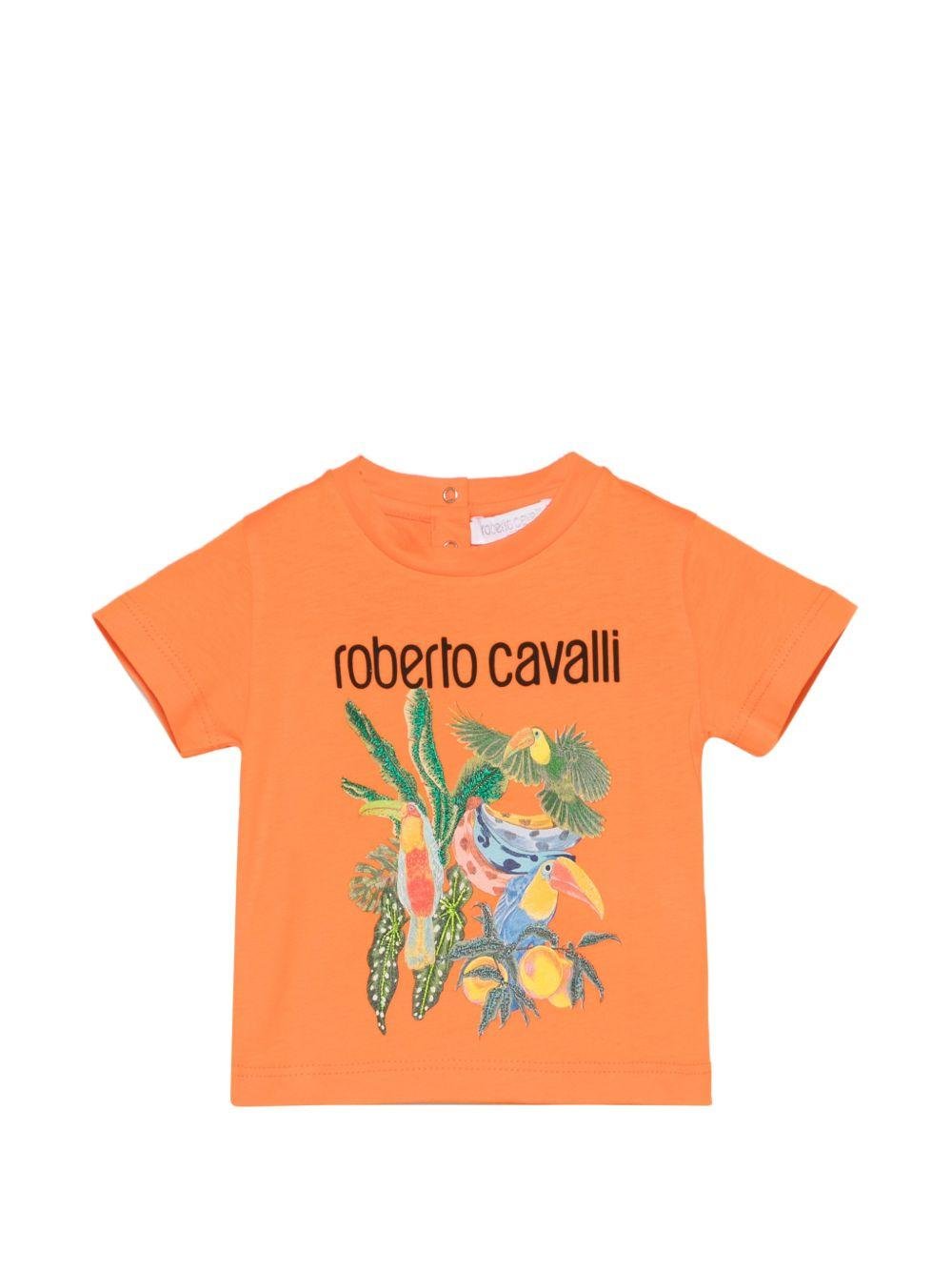 T-shirt per neonato Roberto Cavalli Kids arancione con stampa grafica tropicale - Rubino Kids