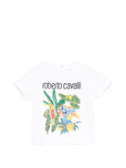 T-shirt per neonato Roberto Cavalli Kids bianca con stampa grafica tropicale - Rubino Kids