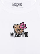 Top per bambina Moschino Kids bianca con stampa Teddy Bear con fiore - Rubino Kids