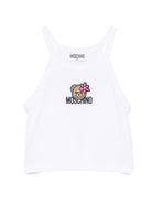Top per bambina Moschino Kids bianca con stampa Teddy Bear con fiore - Rubino Kids