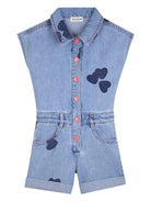 Tuta corta per bambina Billieblush in denim con stampa cuori - Rubino Kids