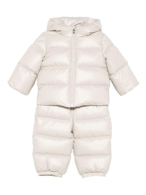 Tuta da neve per neonati Moncler Enfant beige trapuntata con cappuccio