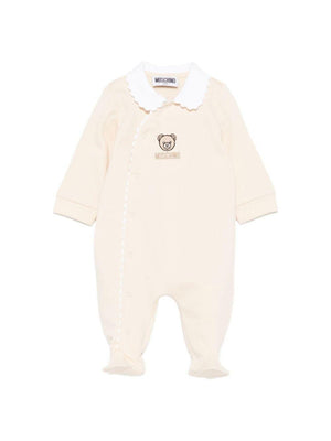 Moschino Kids beige baby romper with Teddy Bear embroidery