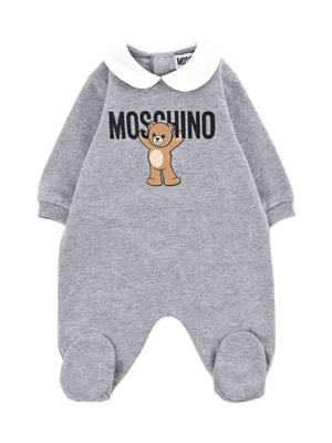 Moschino Kids gray cotton baby romper with teddy print
